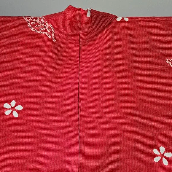 Vintage Red Silk Kimono Jacket: Jacquard Shibori Haori H1526 - Picture 8 of 11